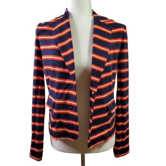 SOLD ~ J Crew Factory Blazer Women XSmall Navy Orange Striped Collar Pockets XS - Picture 2 of 11